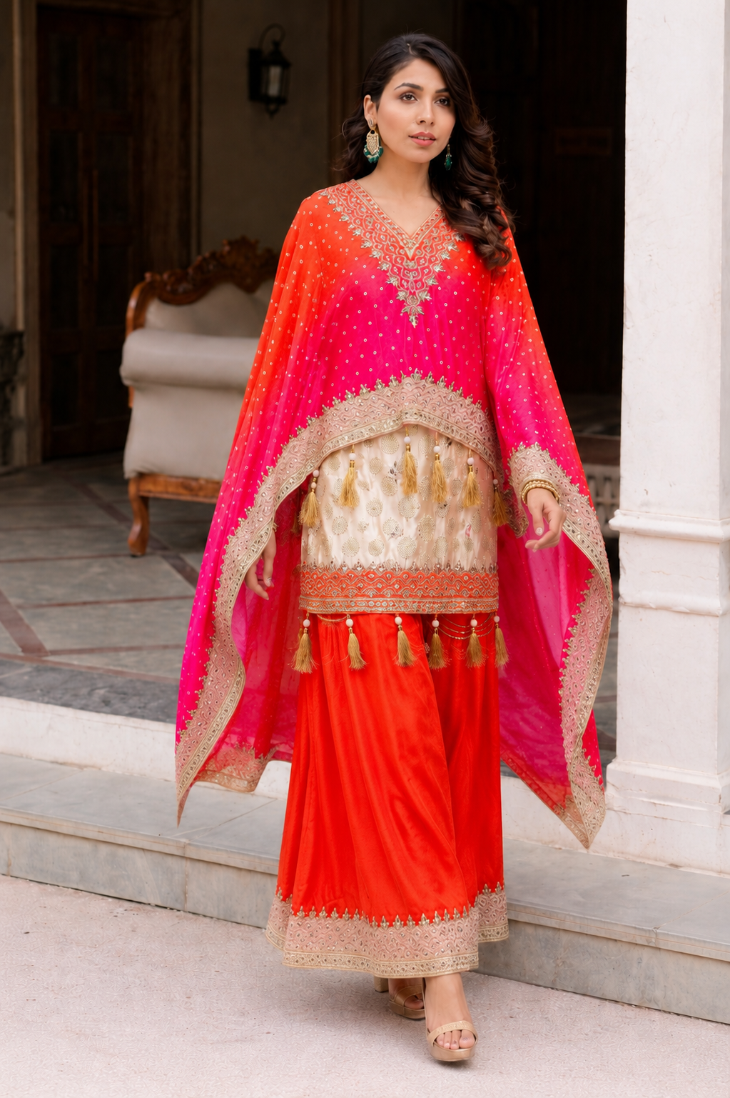 Orange kaftan with kurti and sharara set