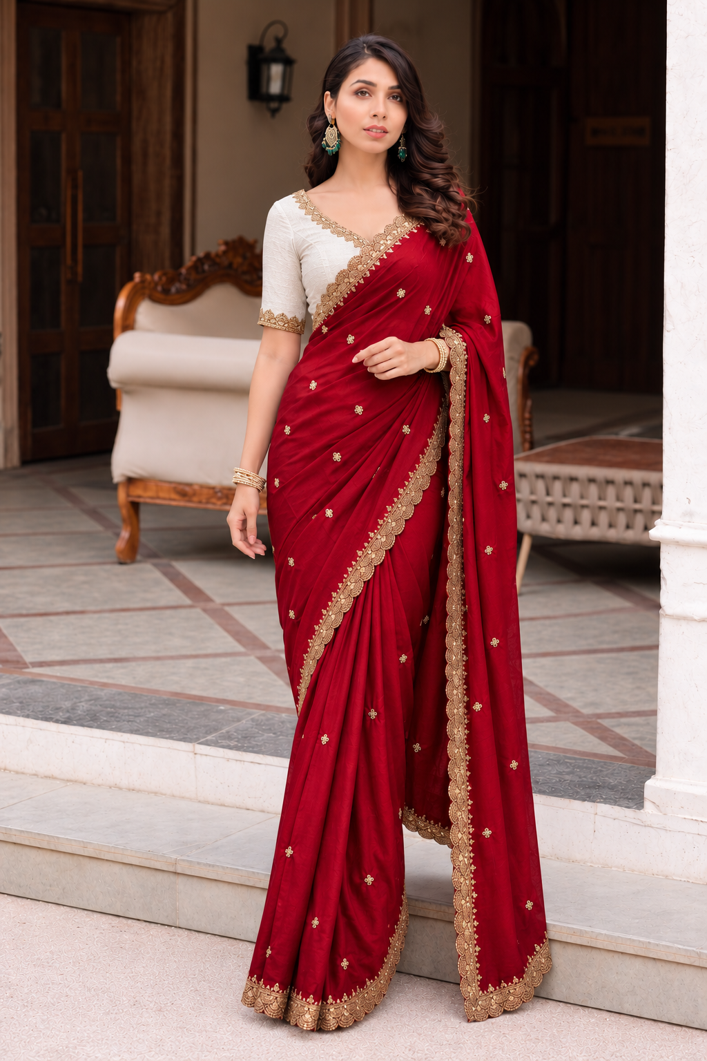 Red bordered silk saree with contrast blouse