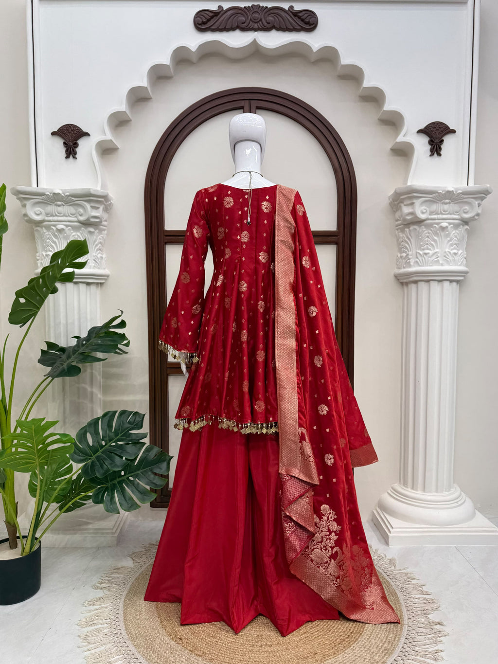 Red floral silk a line kurta palazzo set