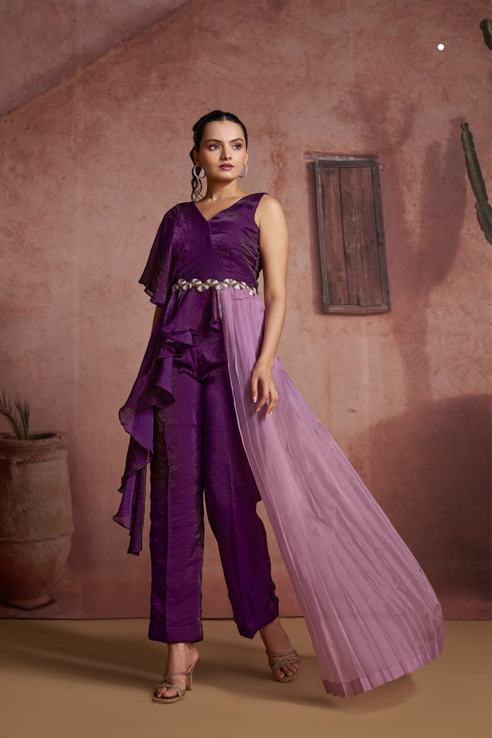 Purple indo western up down kurti with pents