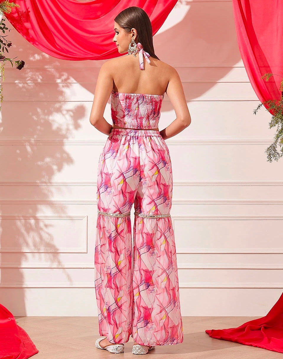 Pink halter neck bustier top with sharara set