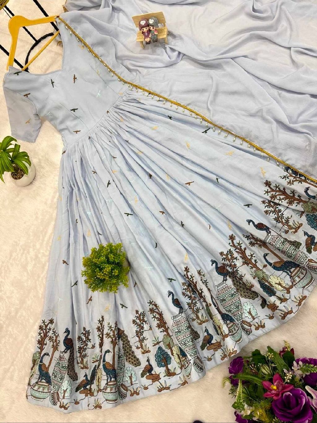 Blue wildlife printed anarkali suit with dupatta