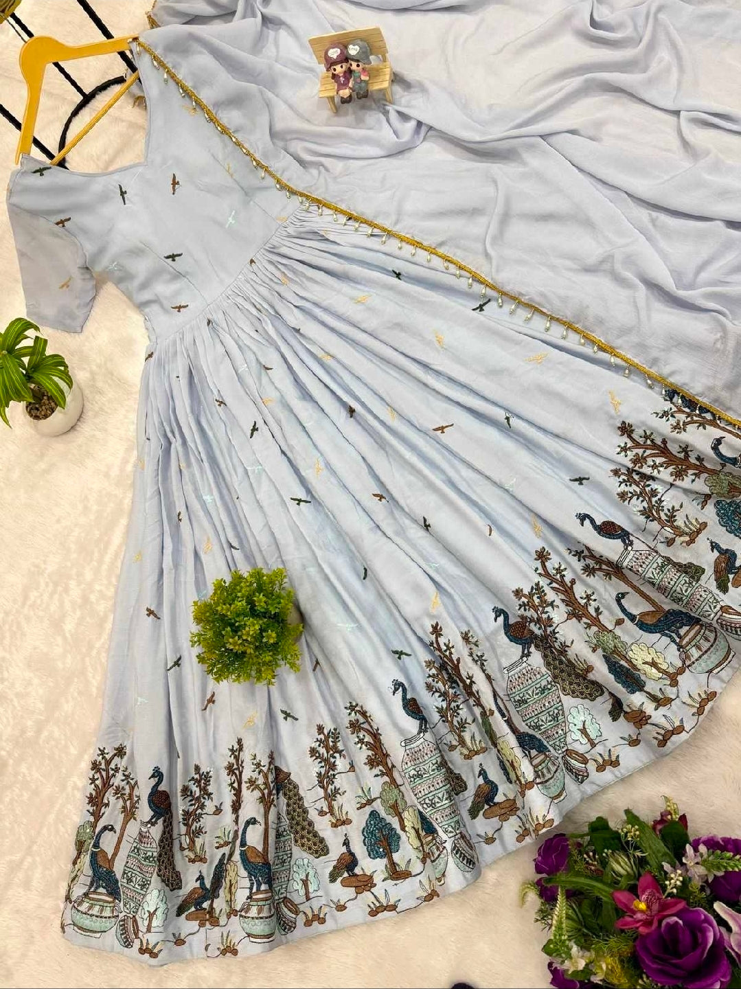 Blue wildlife printed anarkali suit with dupatta