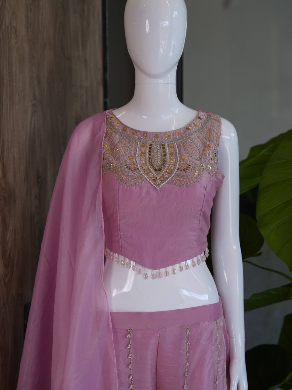 Pink indo western corset top with flaired palazzo