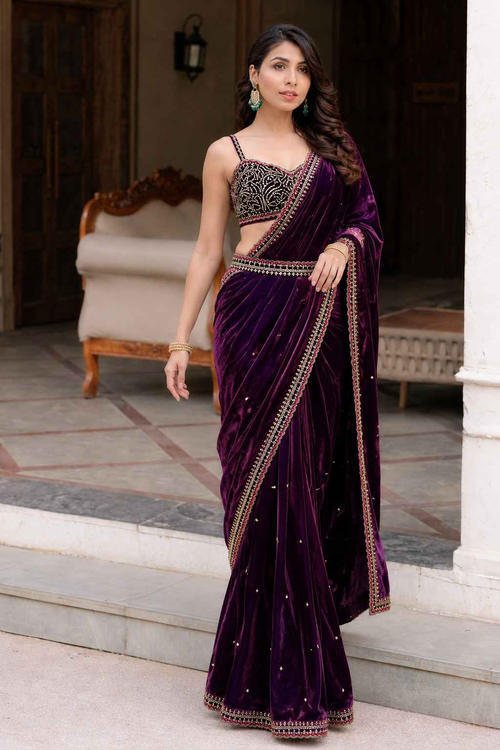 Wine purple velvet saree with blouse