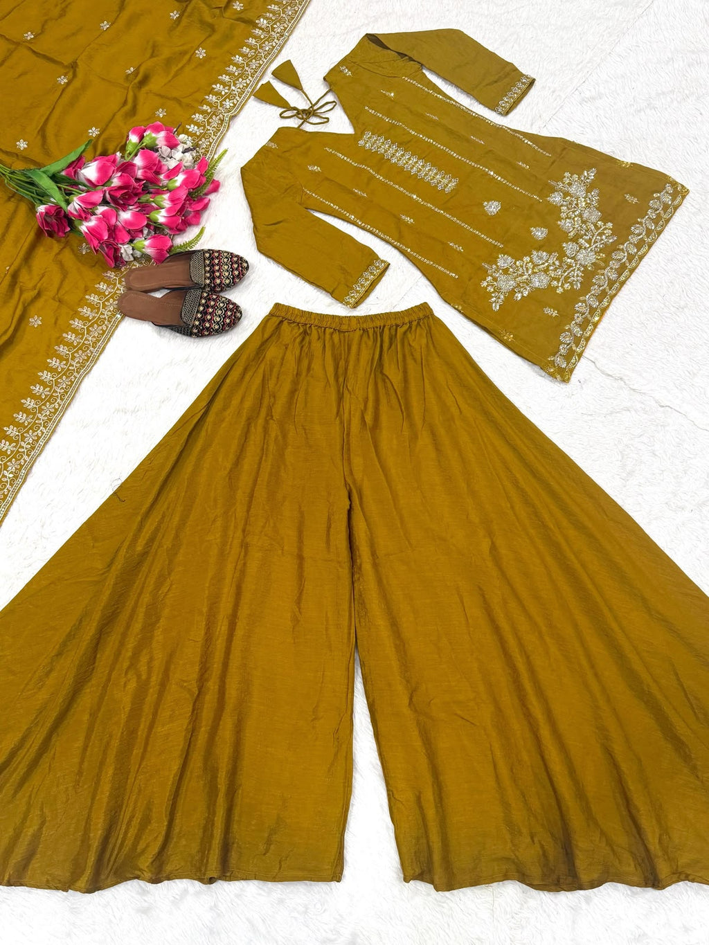 Yellow kurti with palazzo and dupatta set