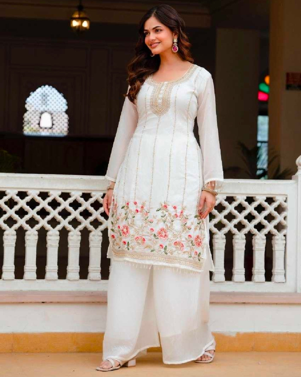 White kurti palazzo and dupatta set