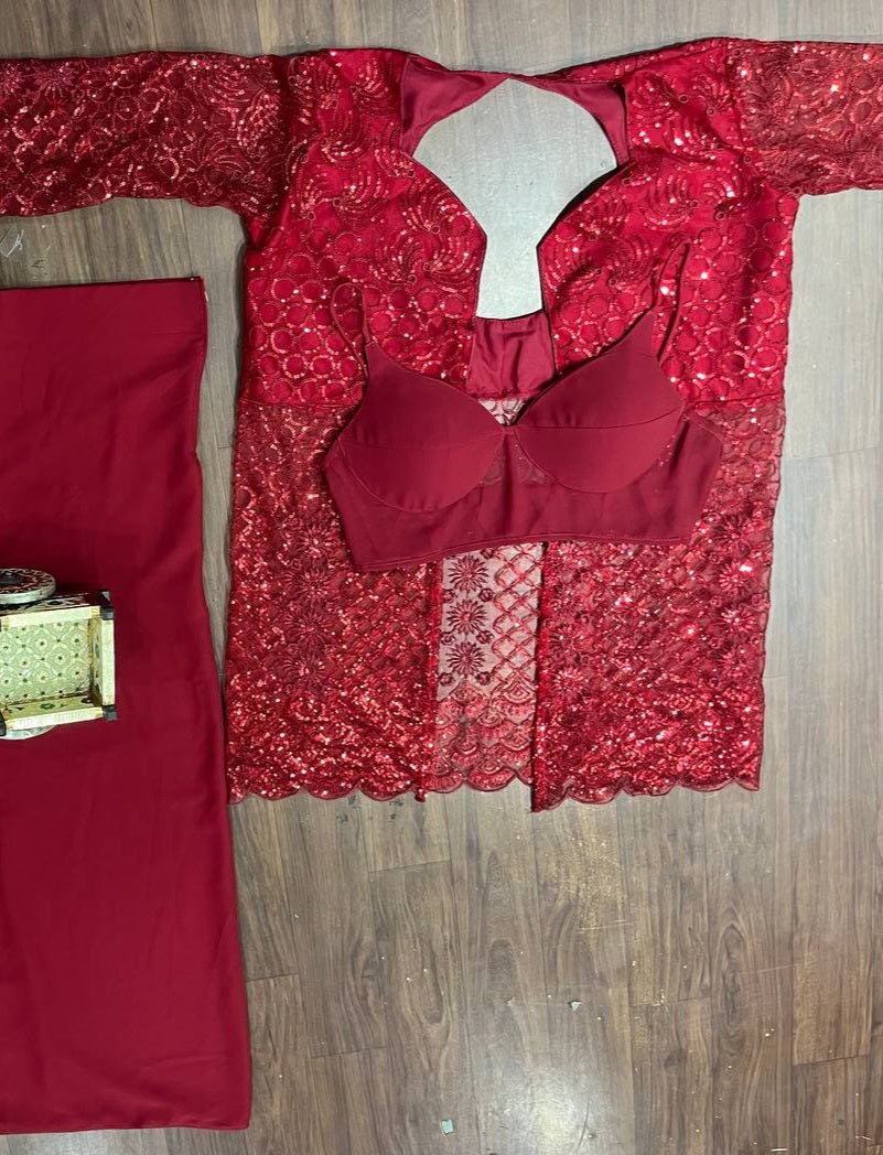 Red cape with blouse and palazzo set