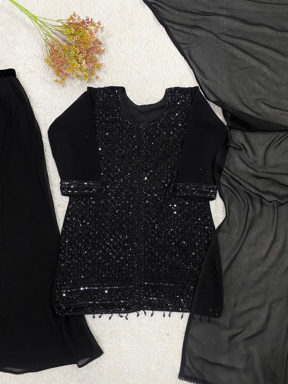 Black kurti with palazzo and dupatta set