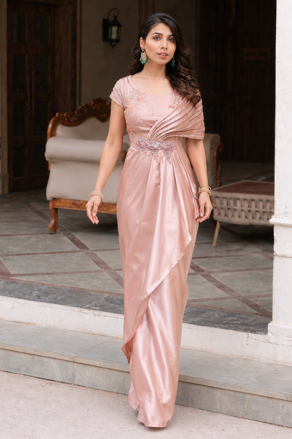 Pink saree ready to wear gown