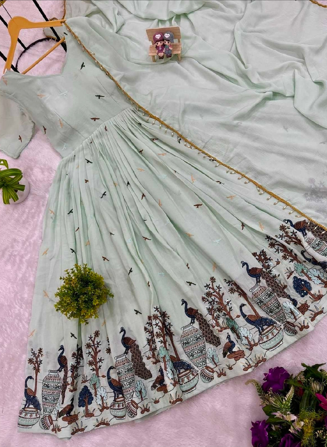 Blue wildlife printed anarkali suit with dupatta