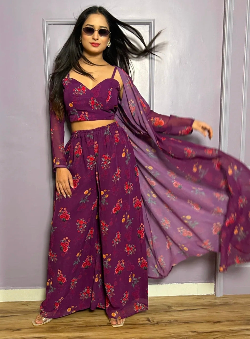 Purple printed top with cape and palazzo set