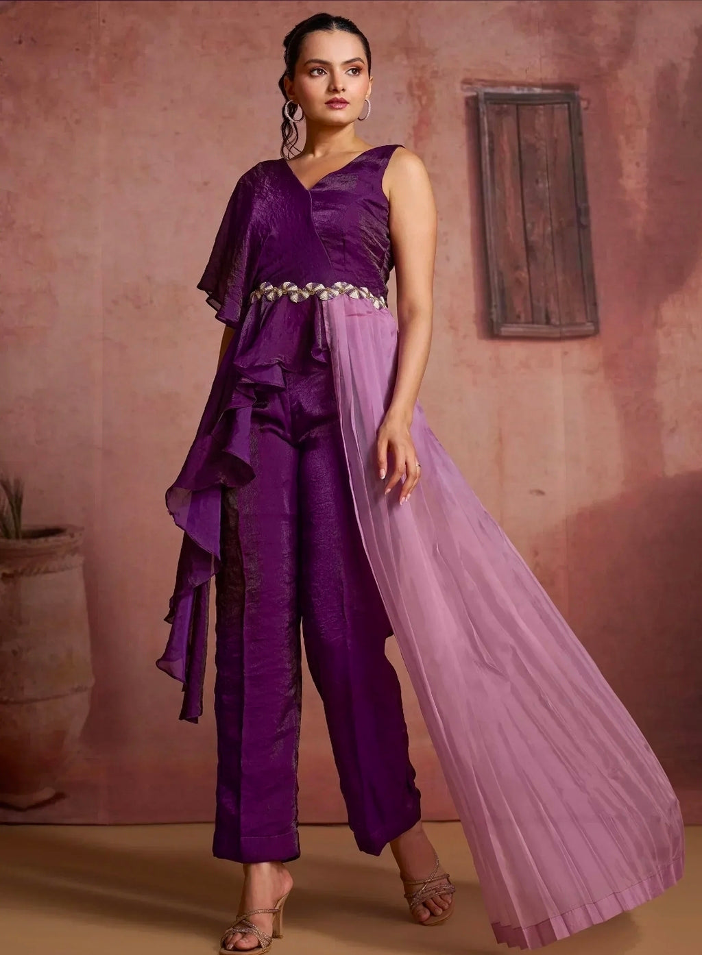 Purple indo western up down kurti with pents