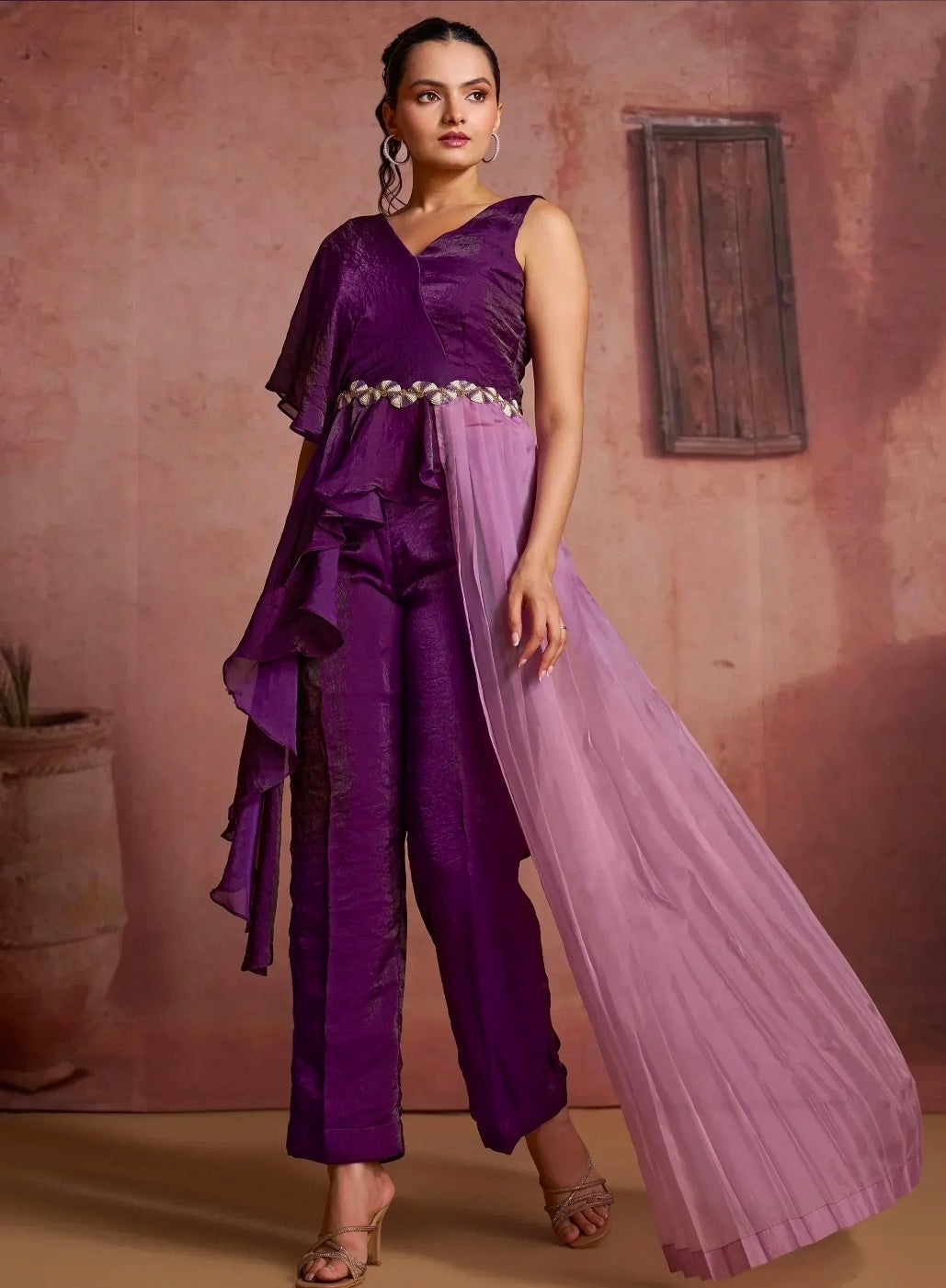 Purple indo western up down kurti with pents