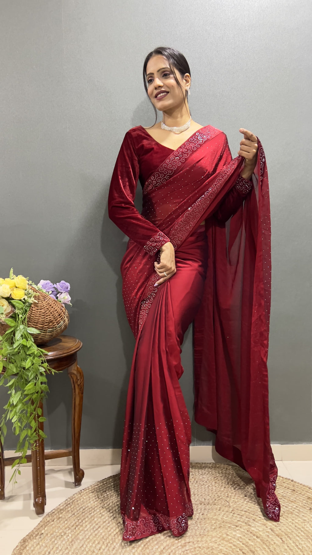 Blue velvet rhinestone saree with blouse