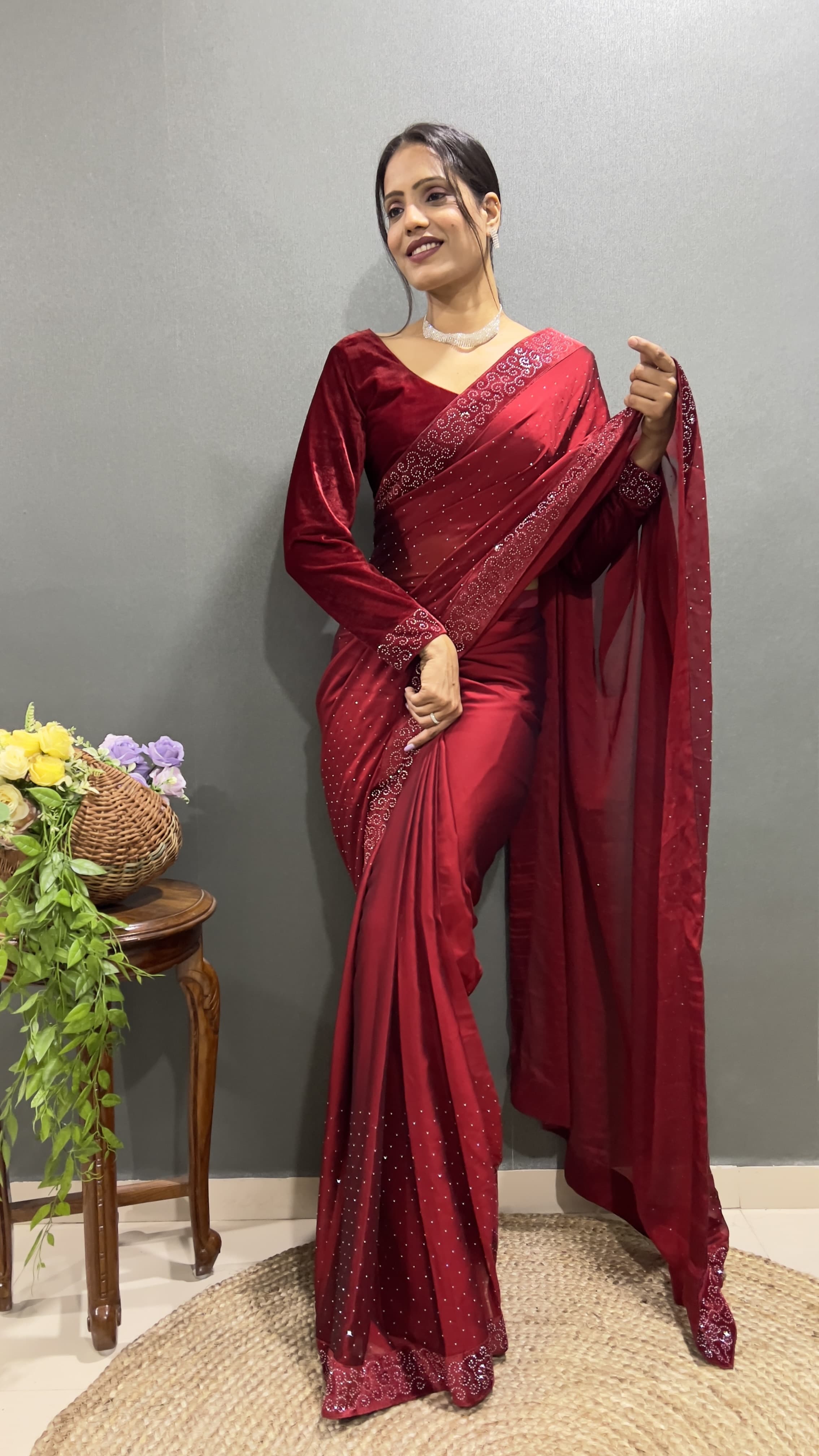 Blue velvet rhinestone saree with blouse
