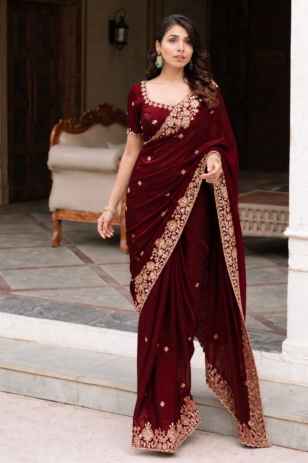 Maroon chiffon saree with blouse