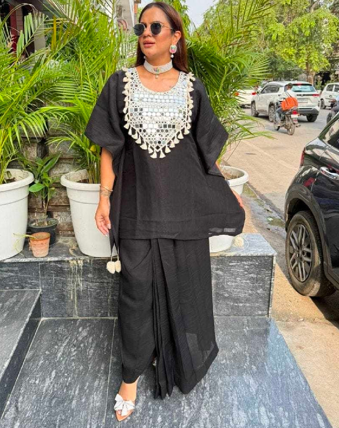 Black mirror kaftan kurti with dhoti skirt