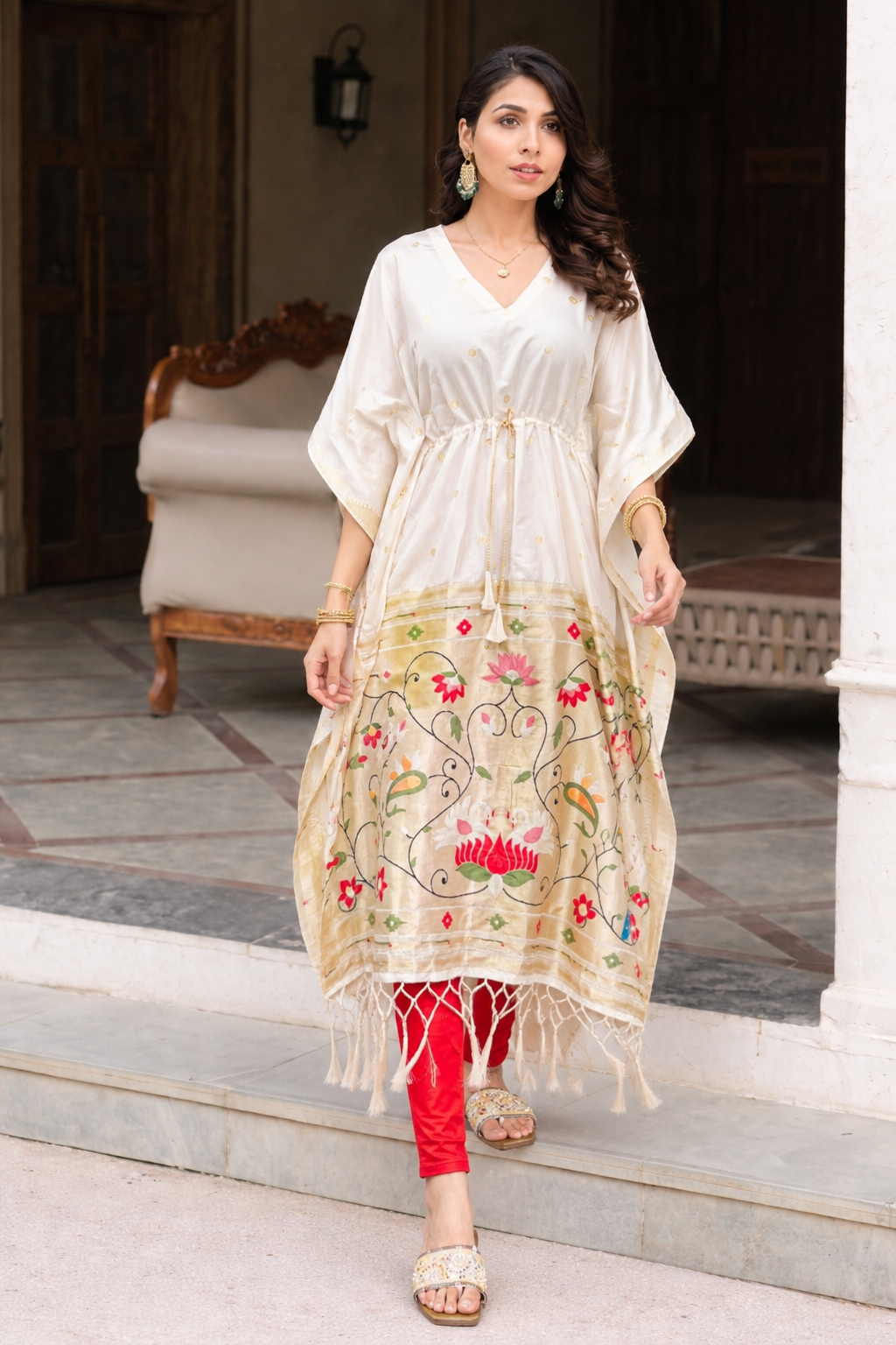 White pathaini silk kaftan with leggings