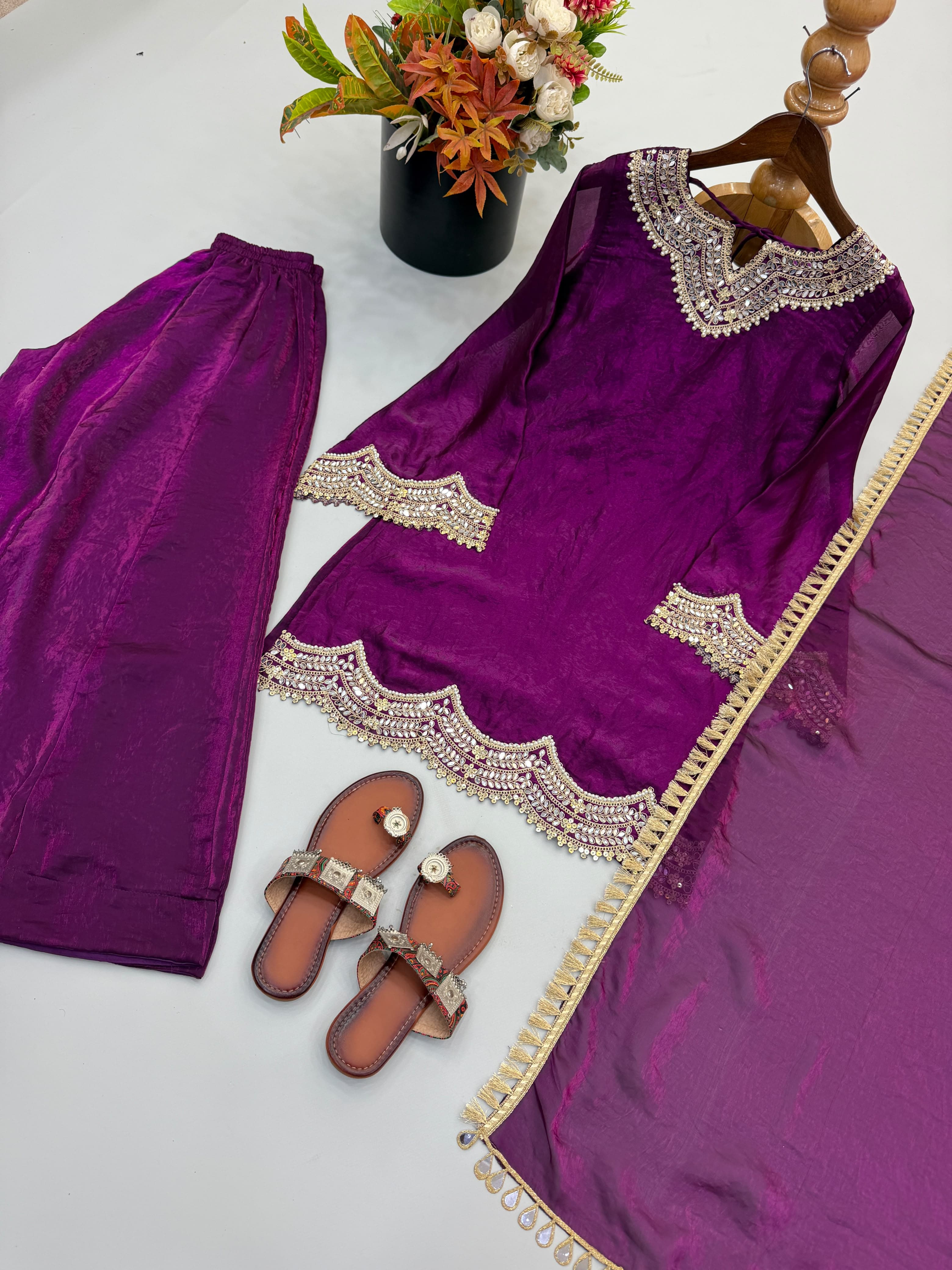 Purple silk palazzo with kurti and dupatta 3pc set