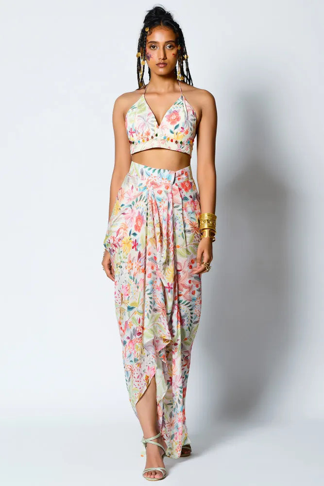 White floral printed dhoti skirt with top and shrug