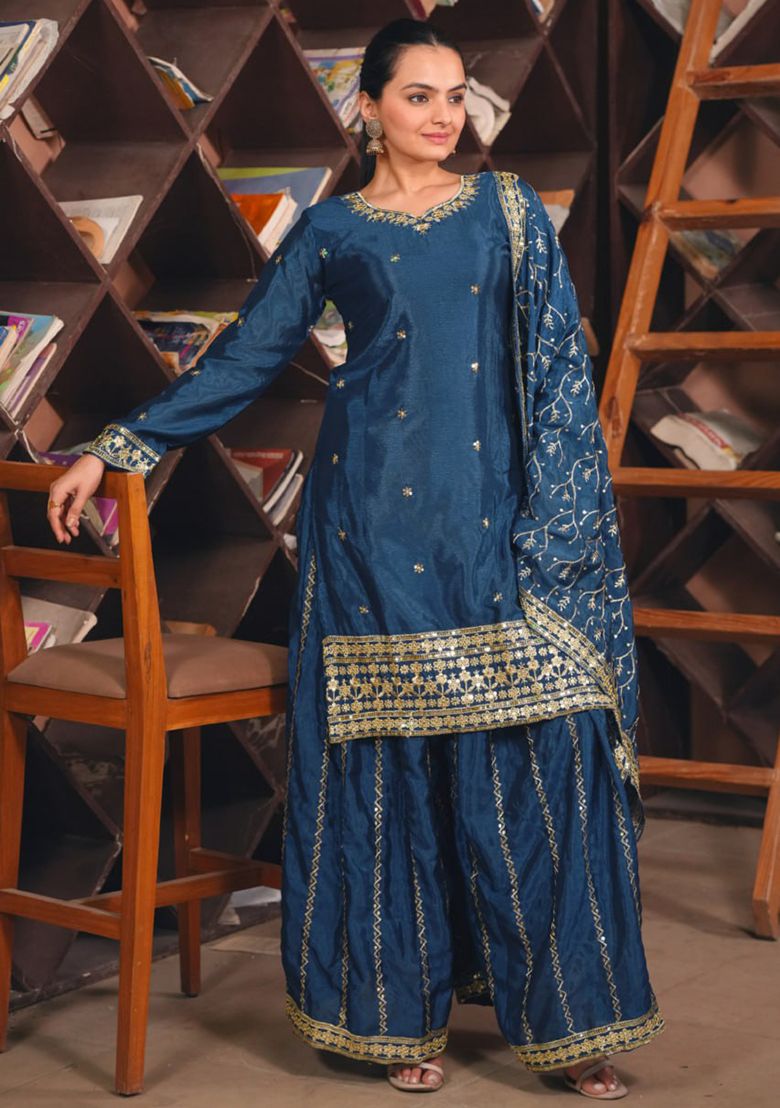 Blue kurti and sharara with dupatta