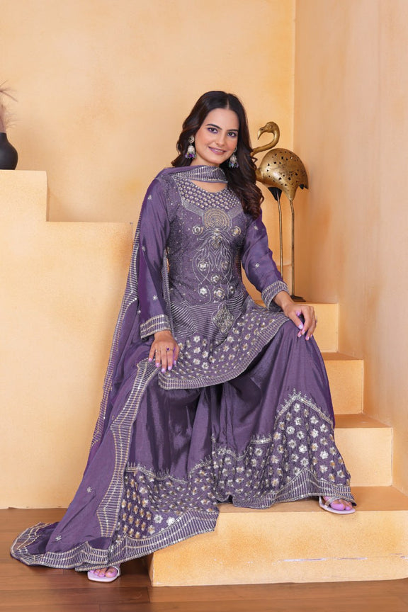 Purple kurti with flaired palazzo and dupatta set