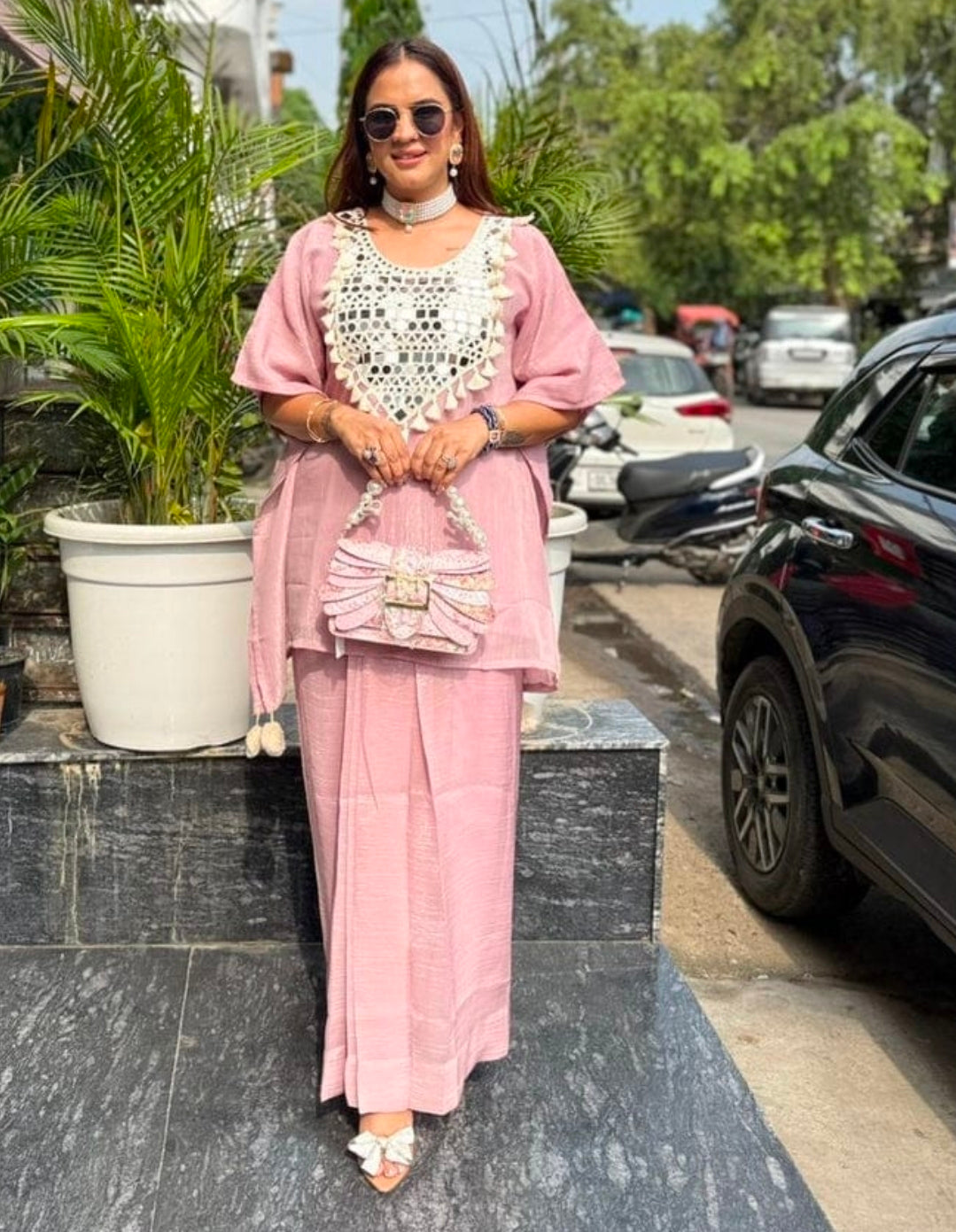 Black mirror kaftan kurti with dhoti skirt