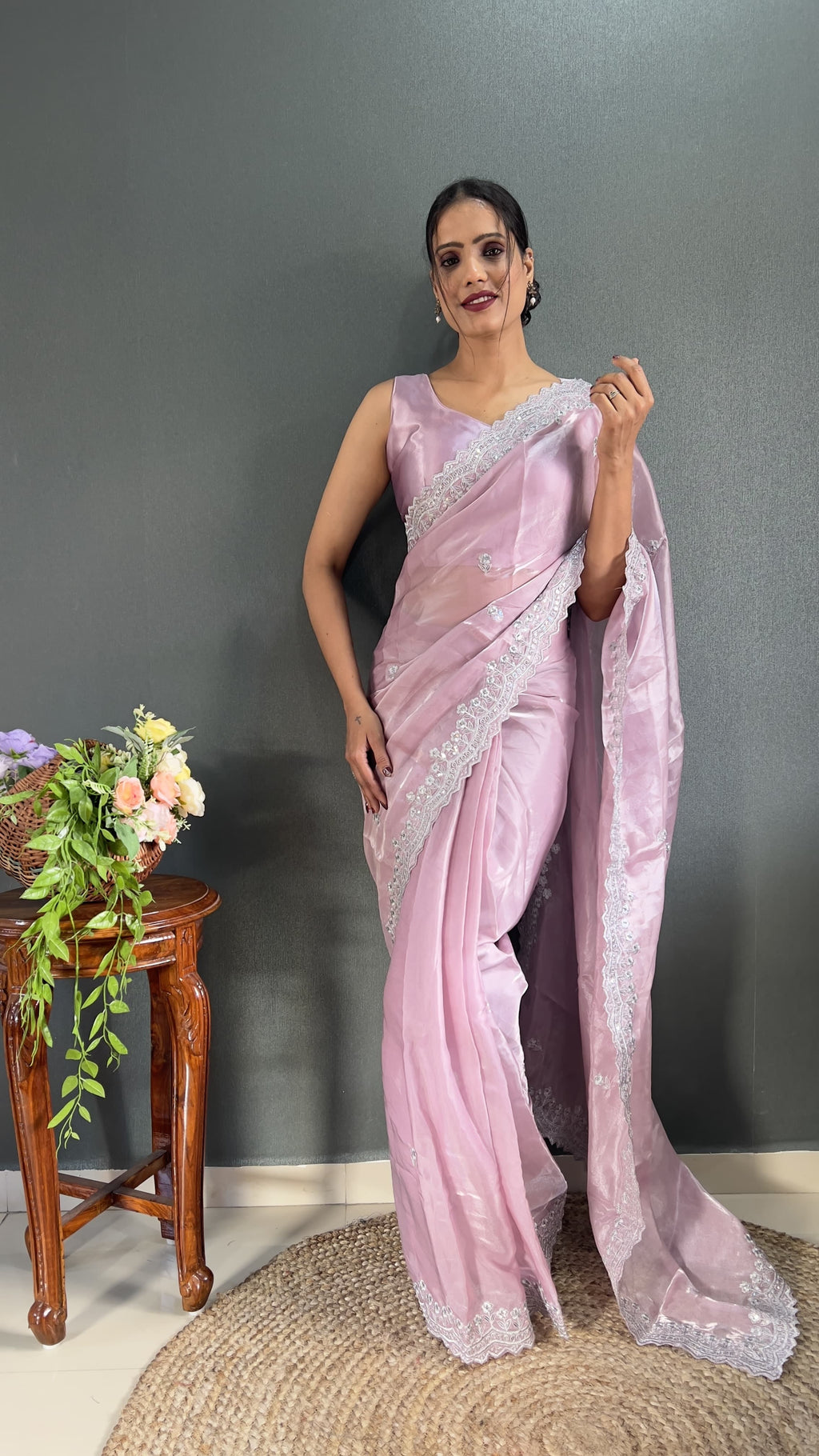 Pink jimmy choo silk saree with blouse 2pc set