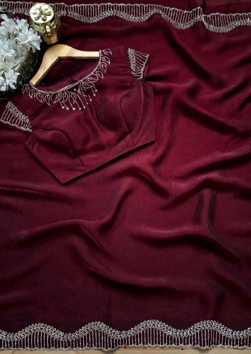 Maroon rhinestone saree with blouse