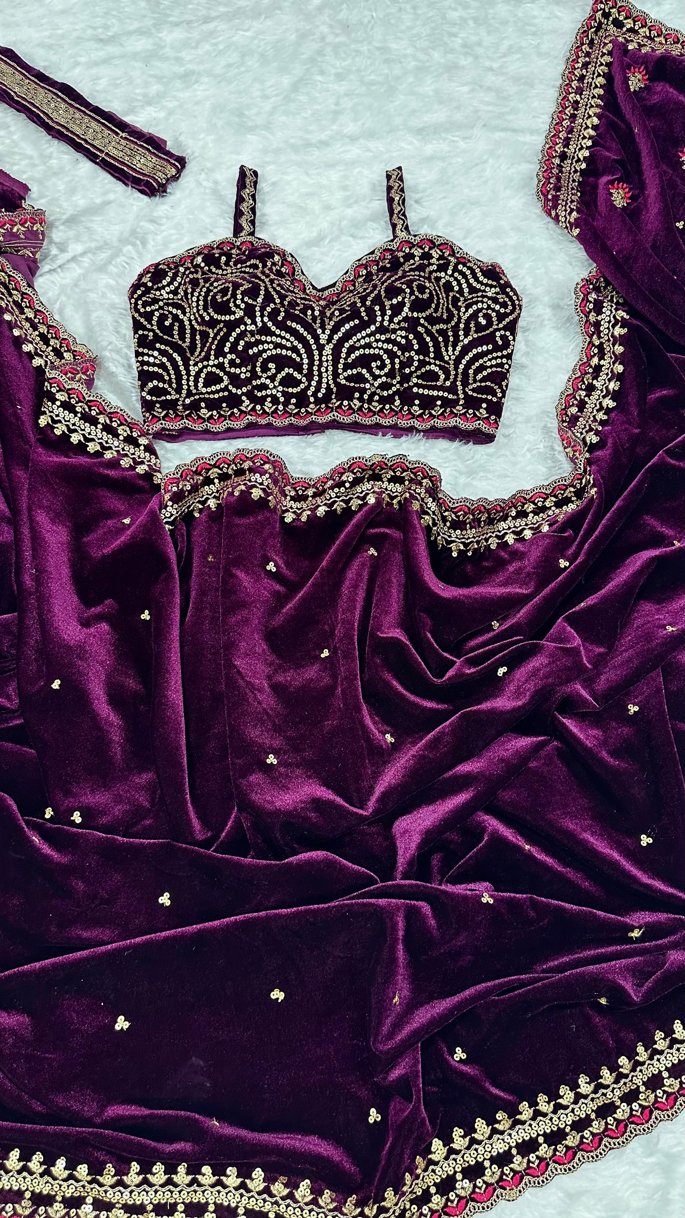 Wine purple velvet saree with blouse
