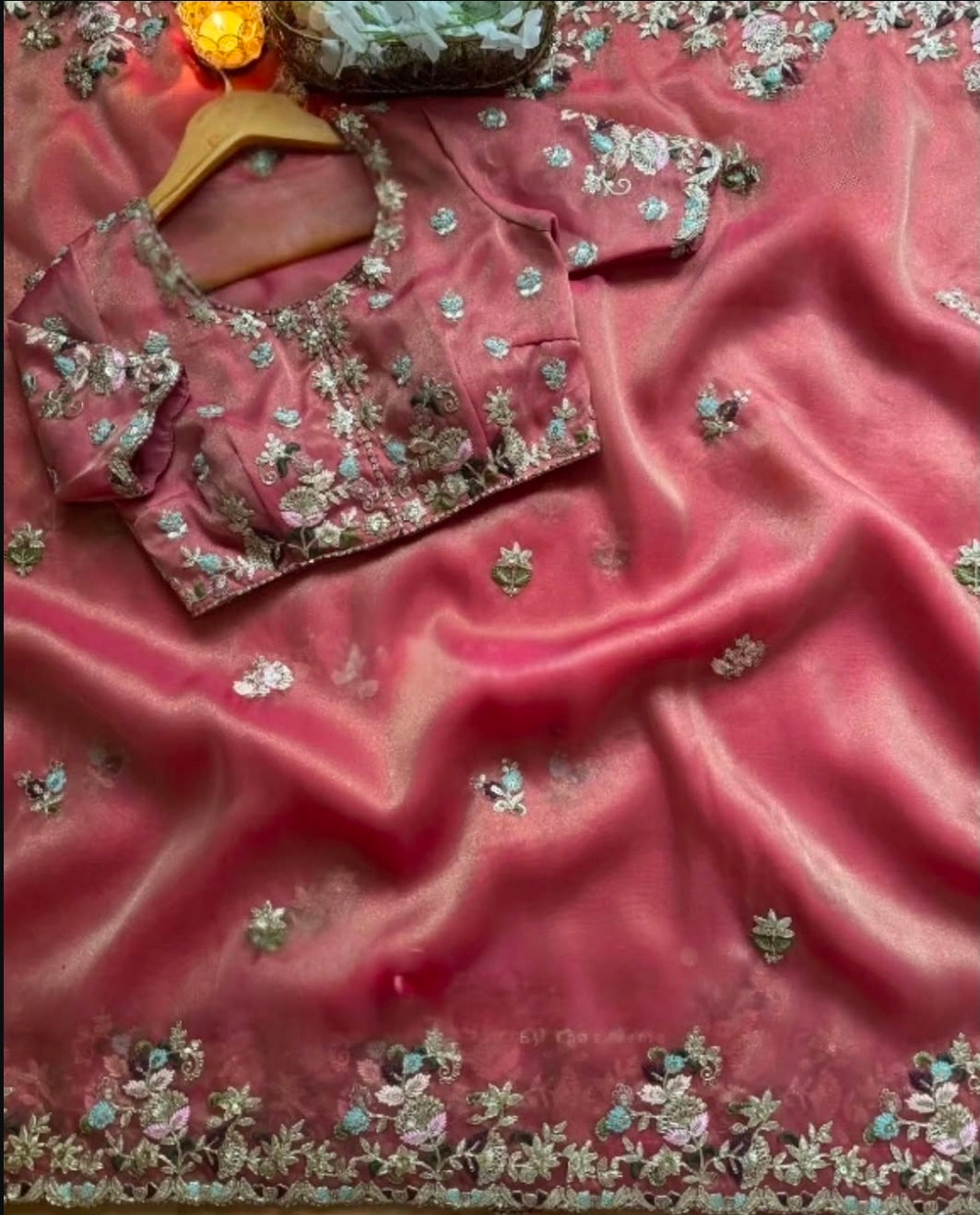 Pink chiffon saree with blouse