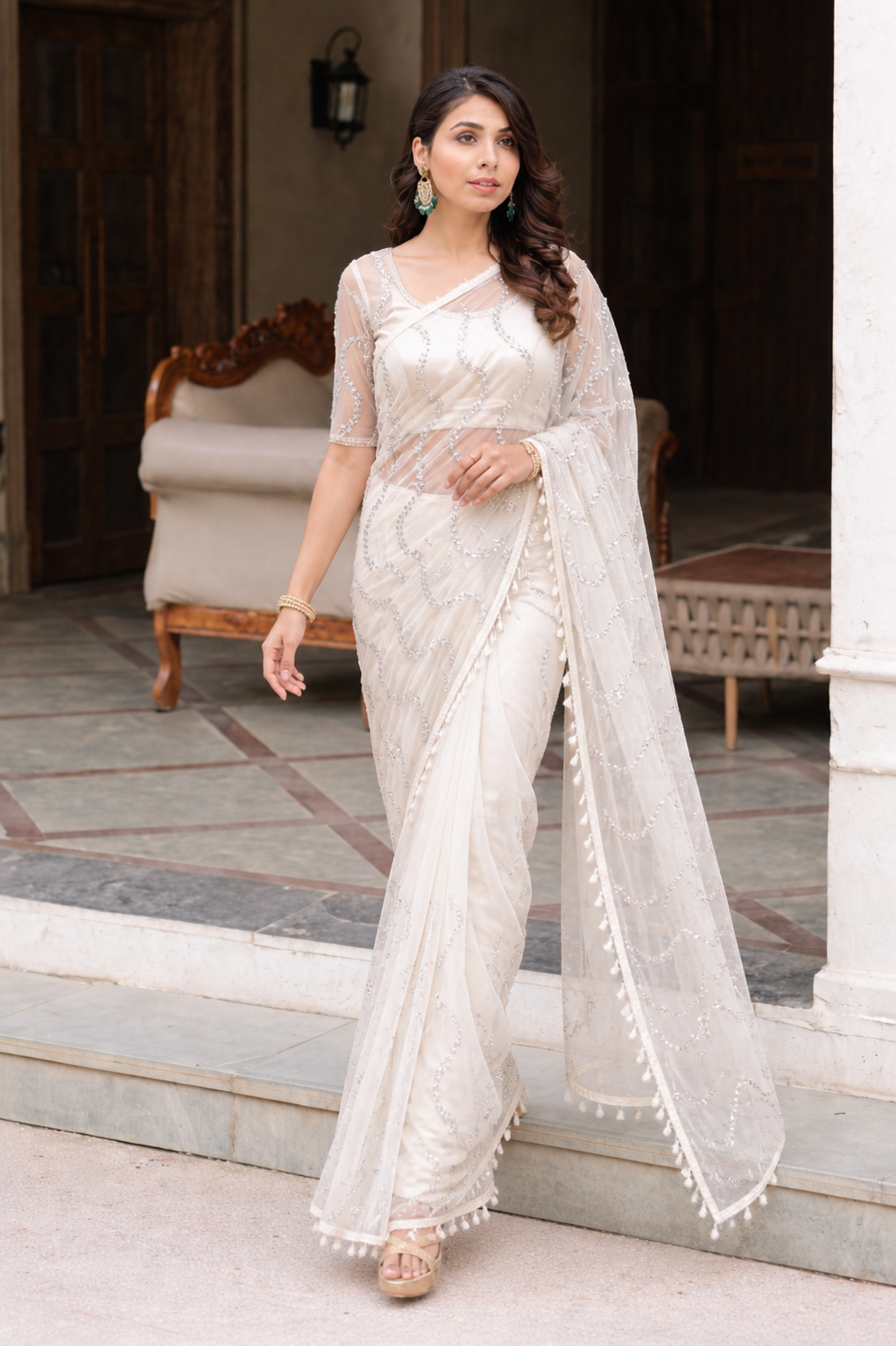 White net sarees with blouse