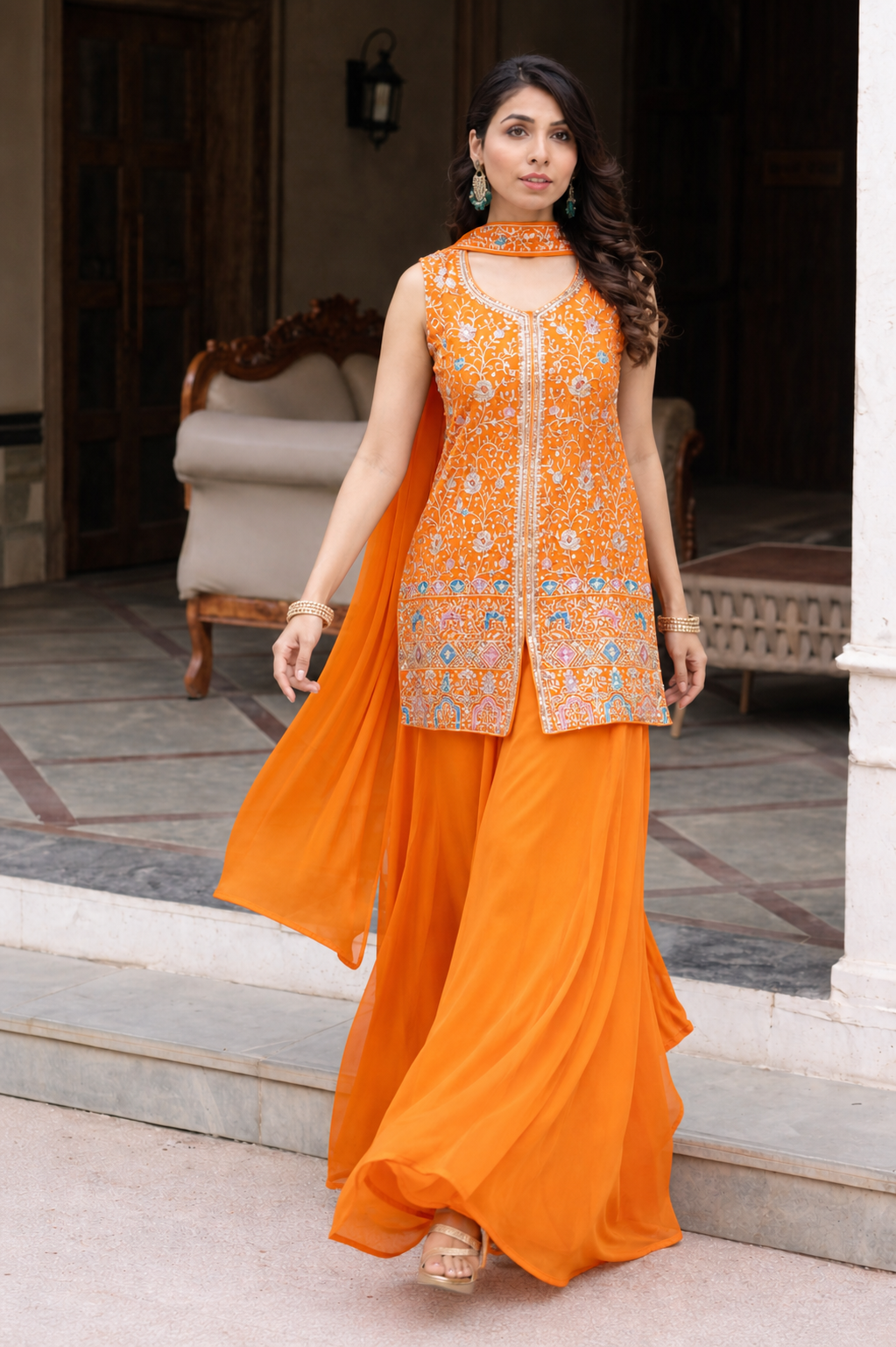 Orange kurti and bottom with dupatta set