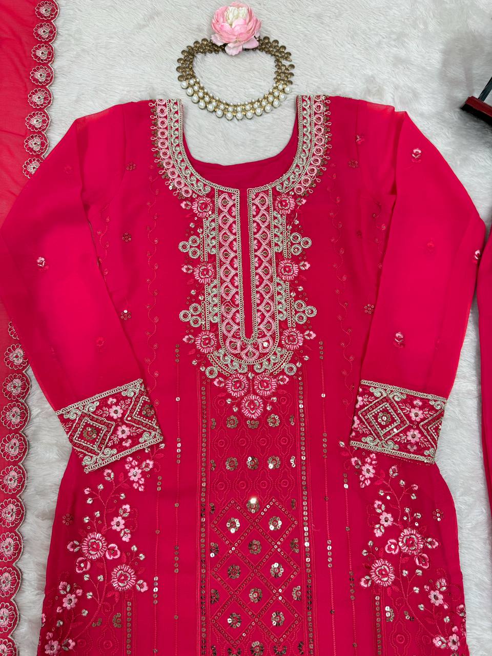 Pink kurti with palazzo and dupatta set
