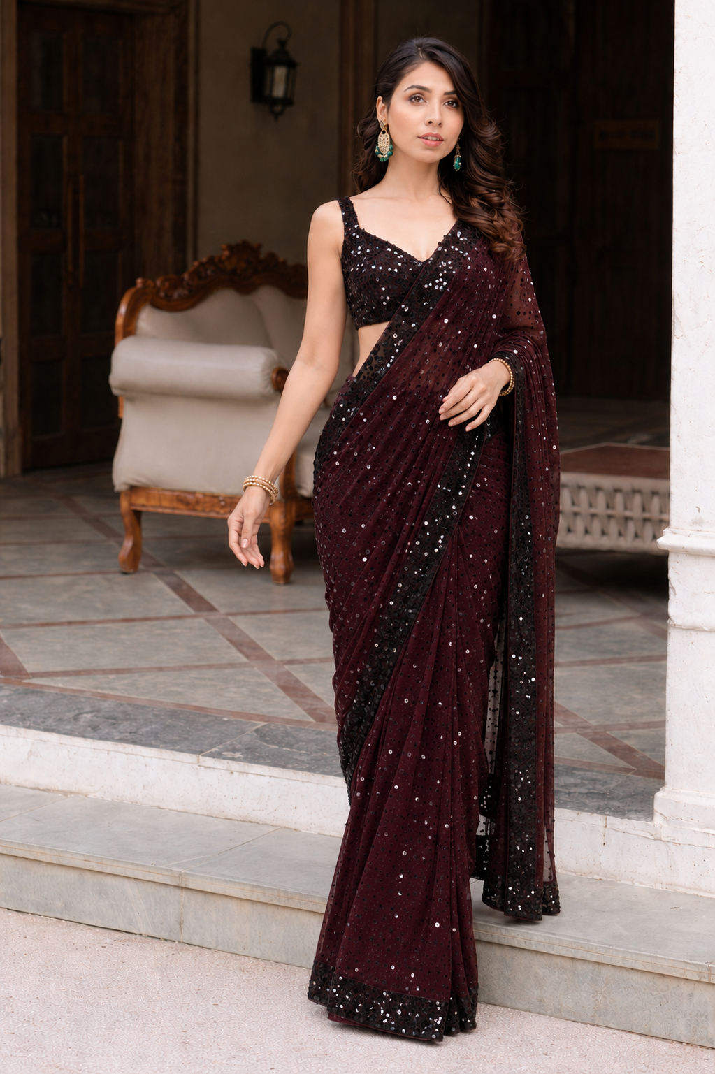 Maroon net sequin saree with blouse