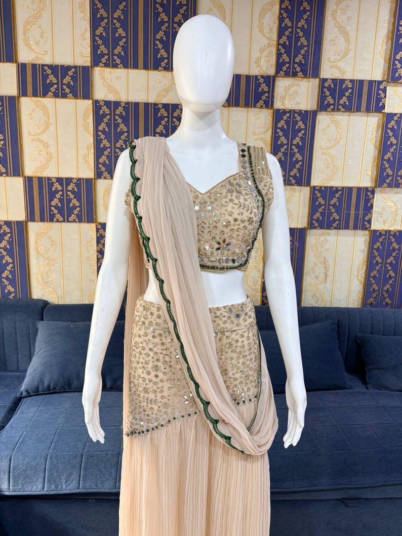 Cream beige fish cut saree with blouse