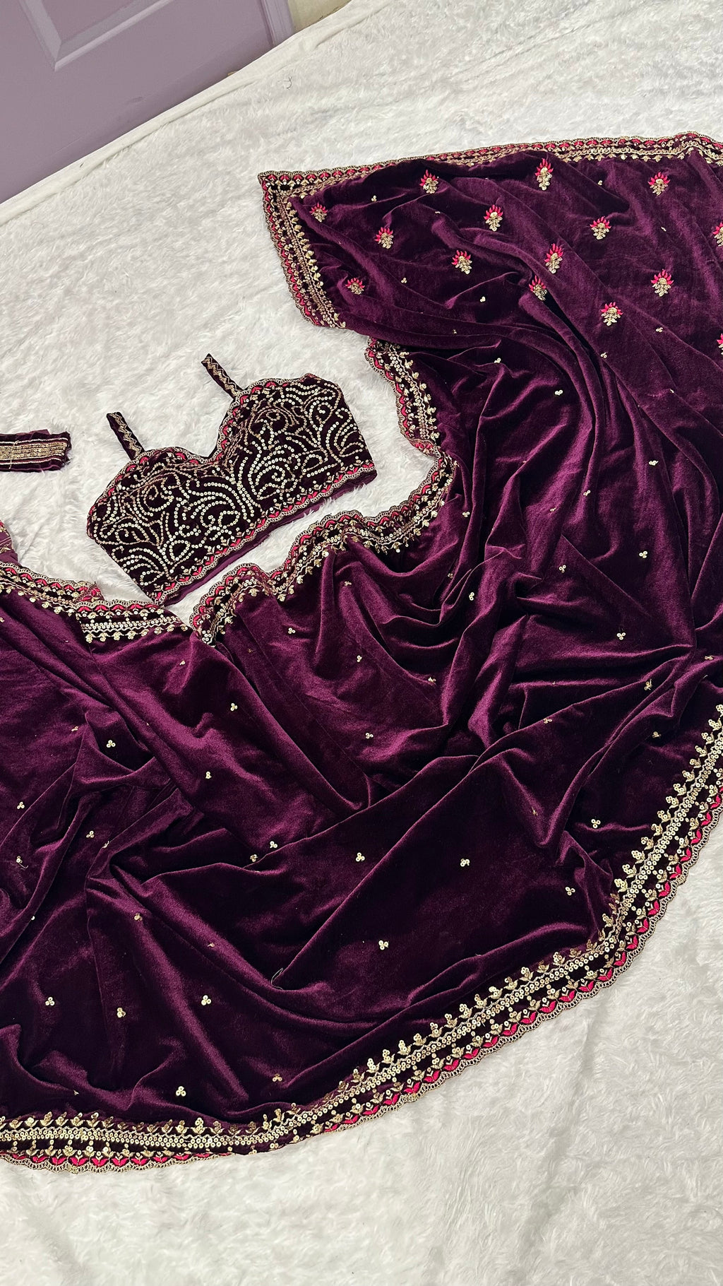 Wine purple velvet saree with blouse