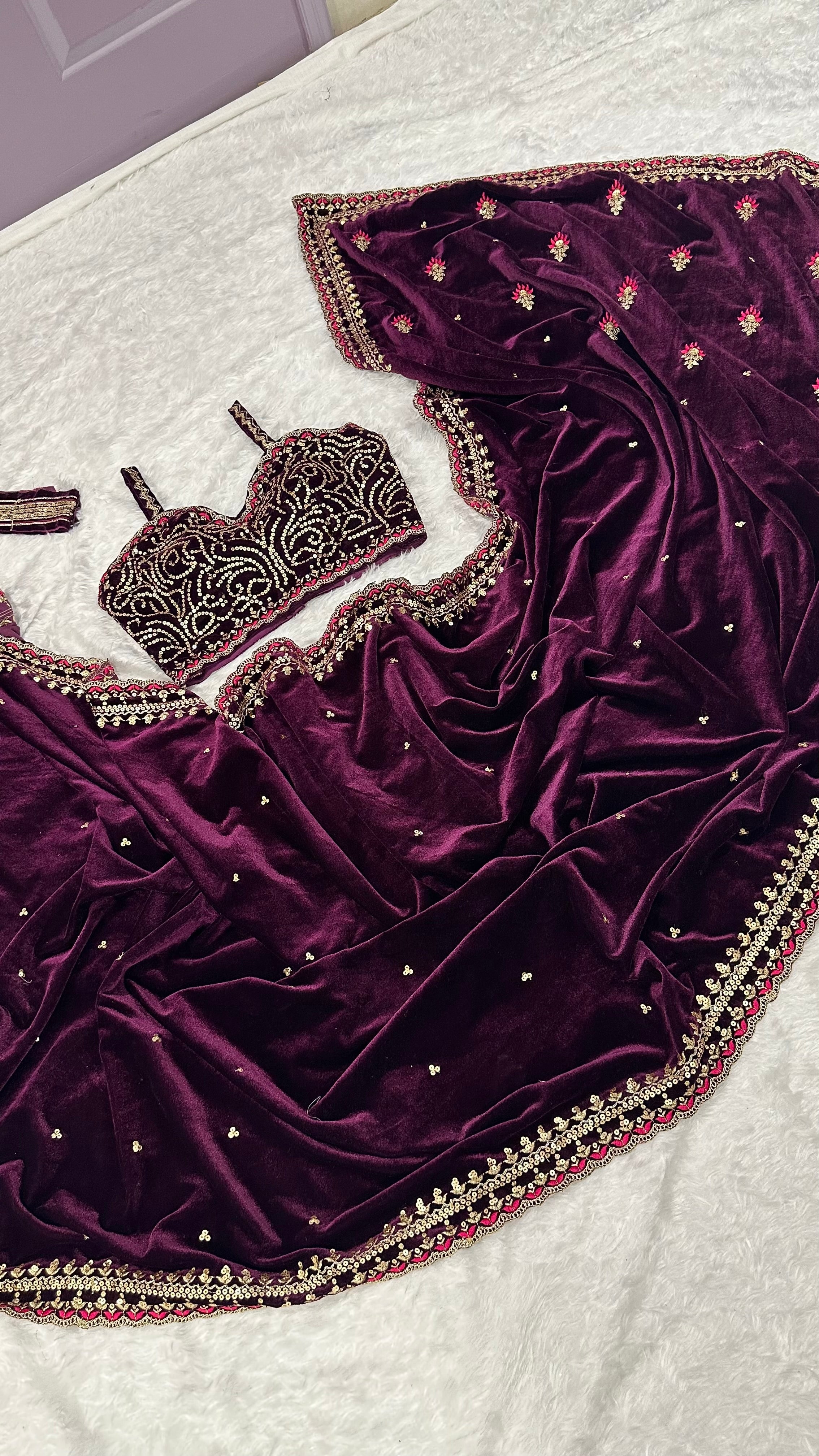 Wine purple velvet saree with blouse