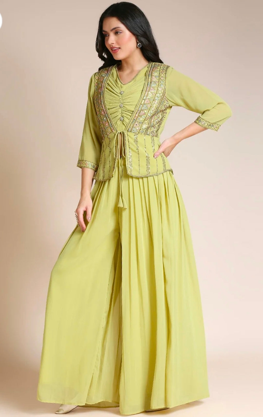 Green top with jacket and palazzo 3pc set