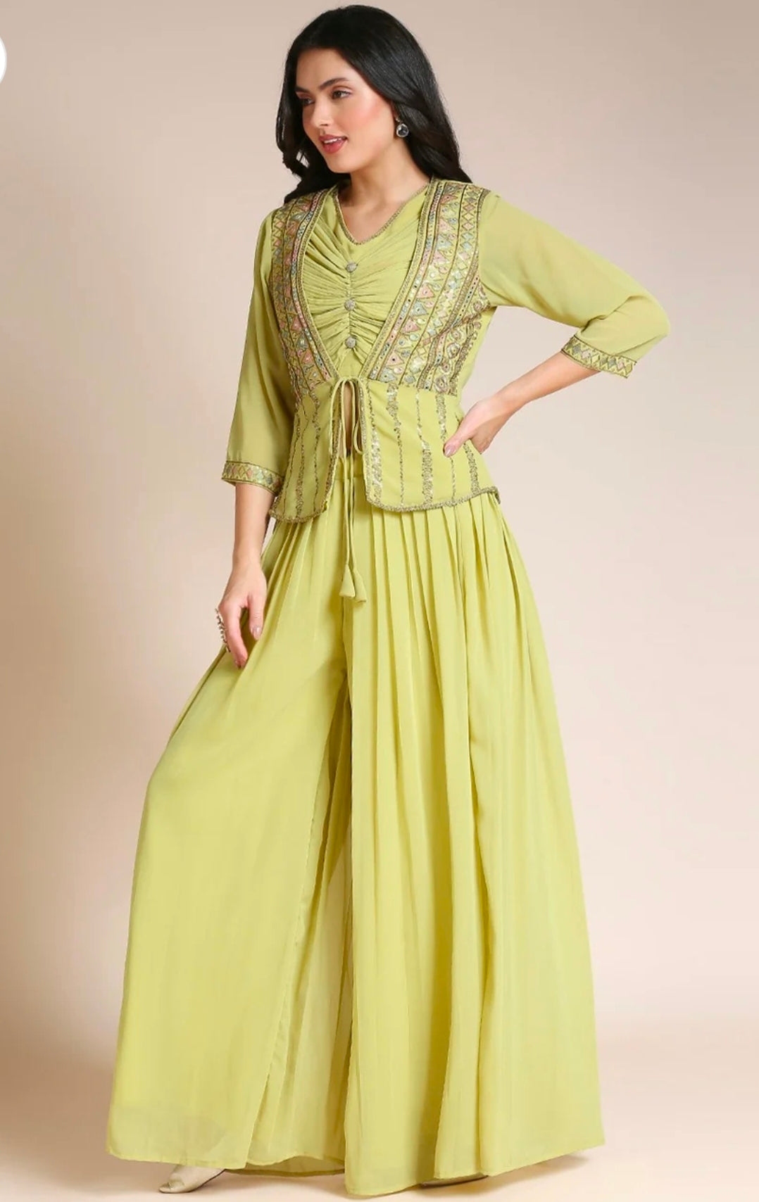 Green top with jacket and palazzo 3pc set