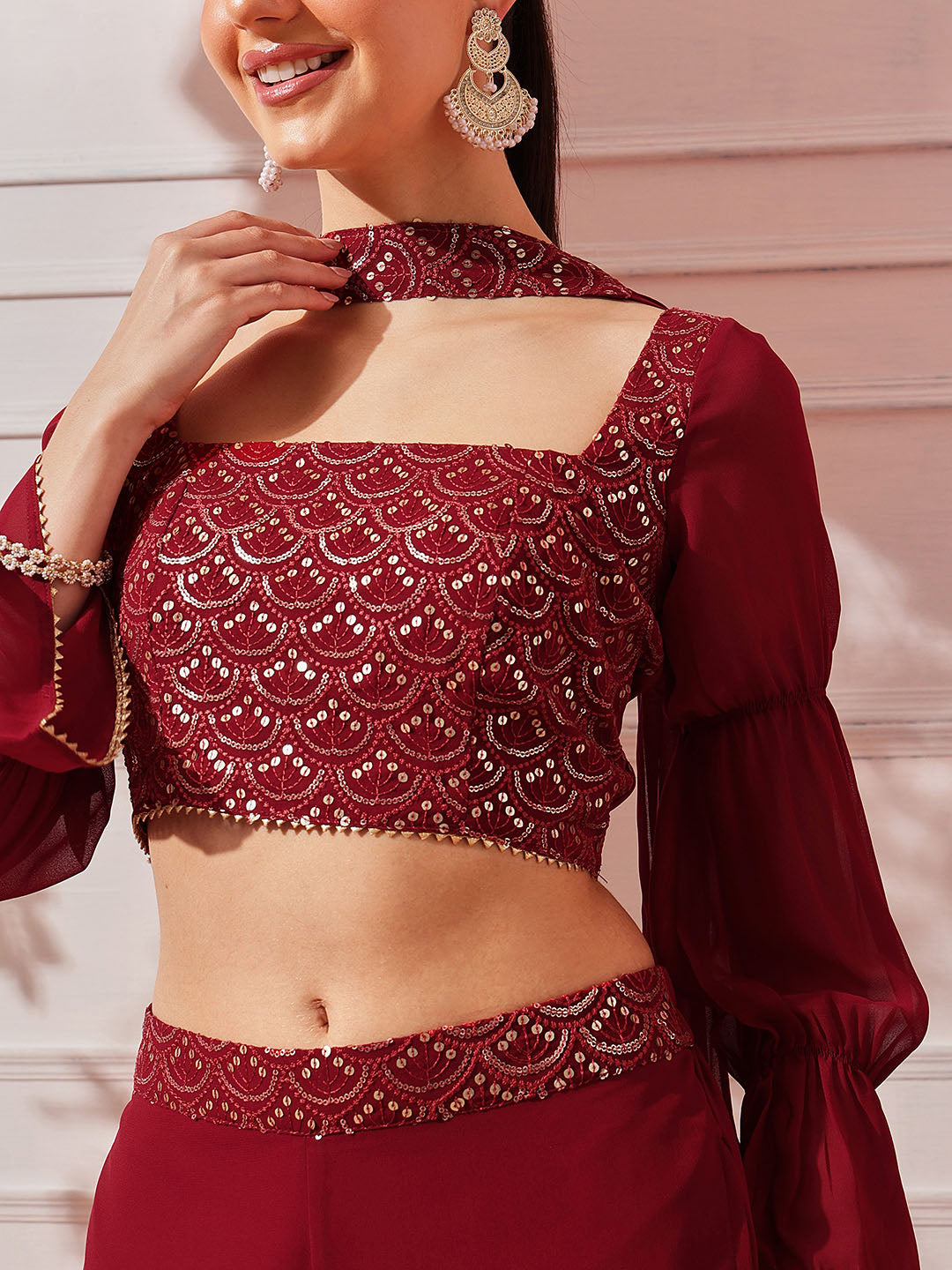 Maroon crop top with sharara and dupatta set