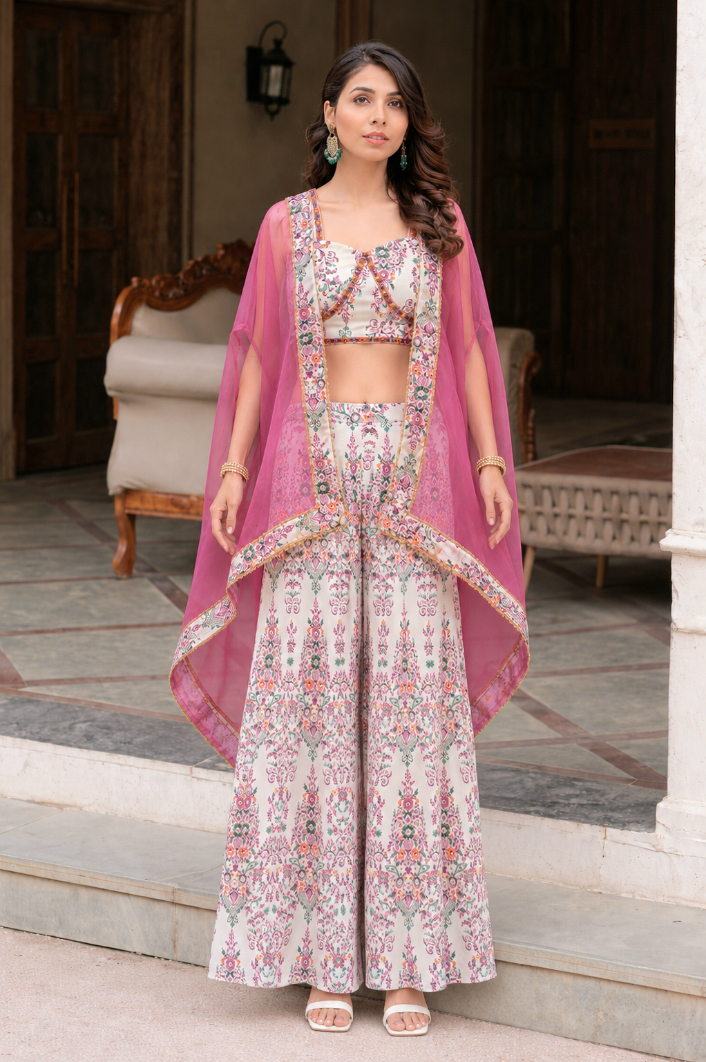 Pink indo western cape with palazzo and top