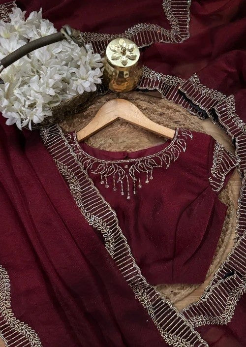 Maroon rhinestone saree with blouse