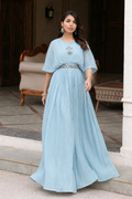 Ice blue off shoulder gown with belt