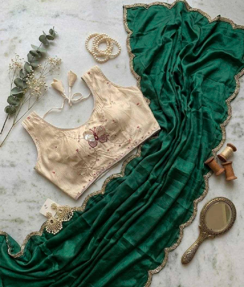 Green silk saree with white blouse