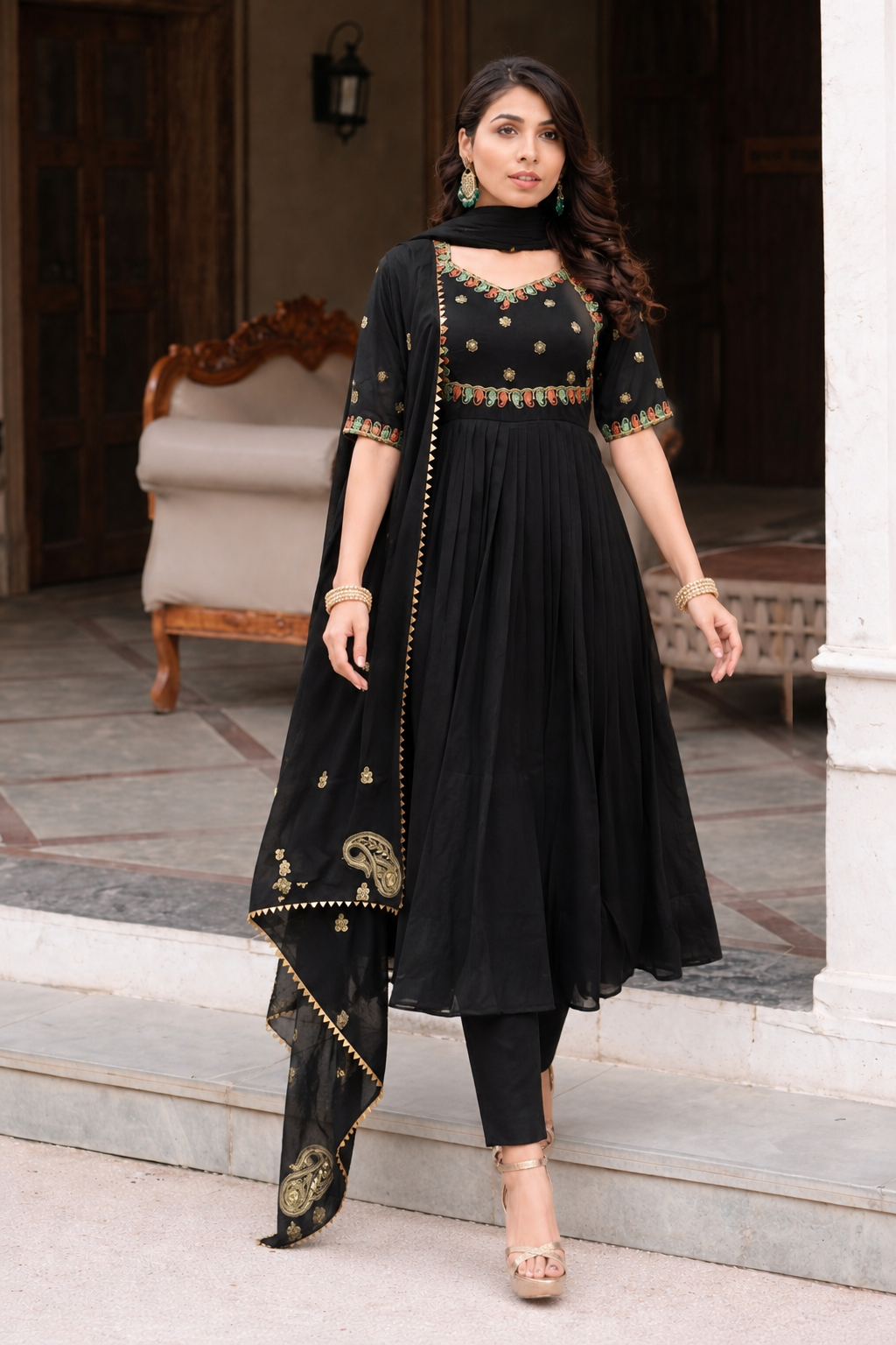 Black anarkali suit with pent and dupatta set