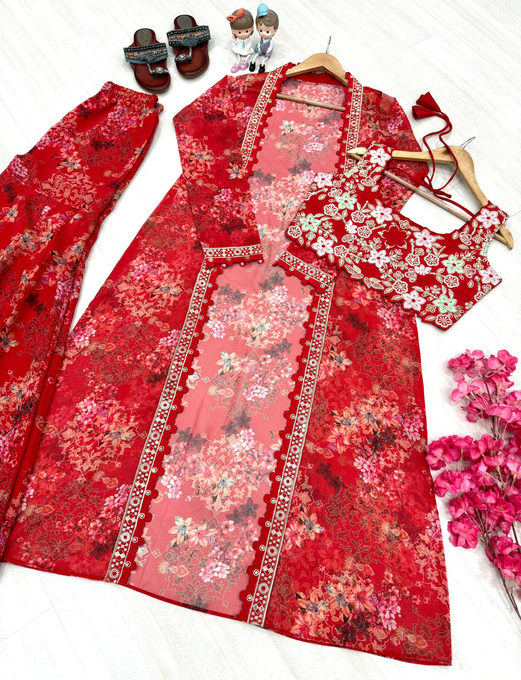 Red top with sharara and jacket set