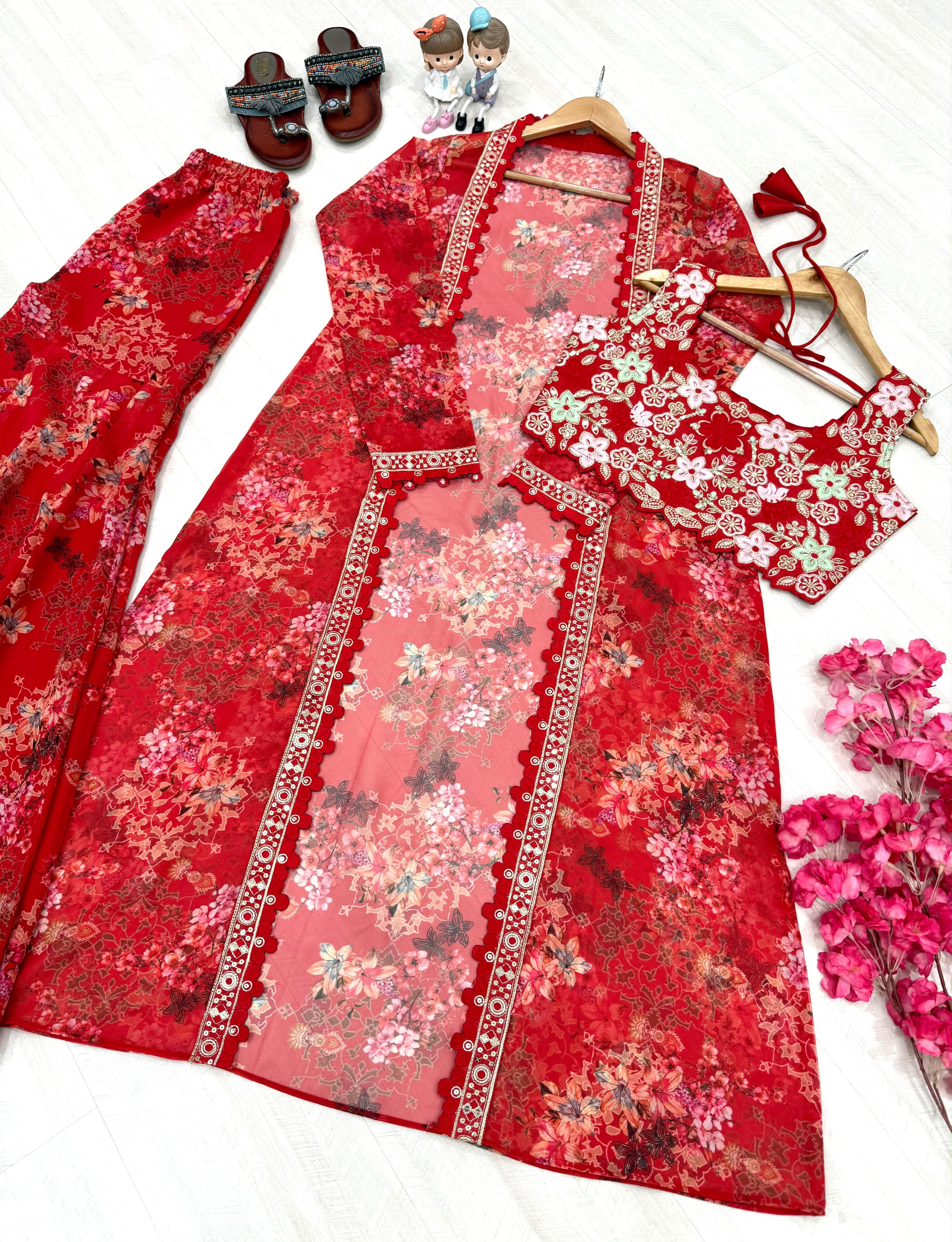 Red top with sharara and jacket set
