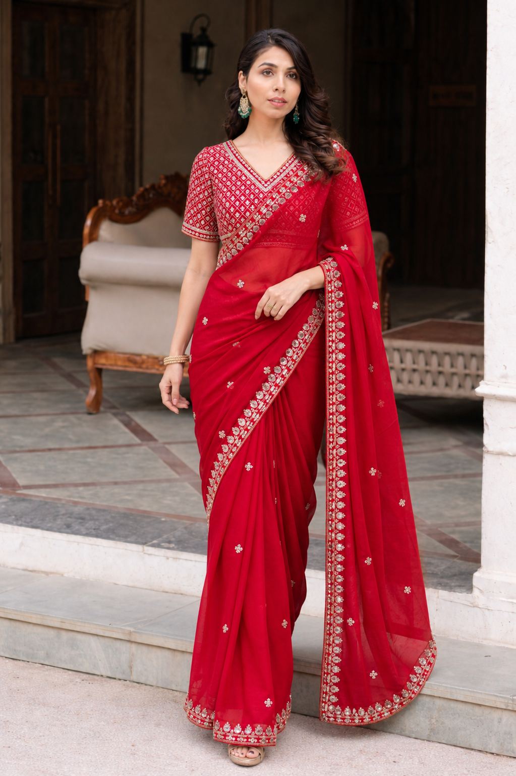 Red saree with blouse